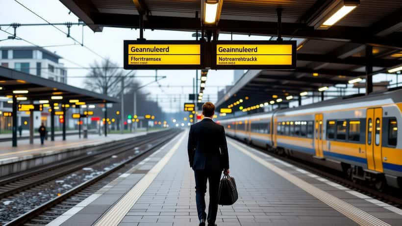 Leeg NS-treinperron vroeg in de ochtend tijdens de OV-staking van 24 juni 2026
