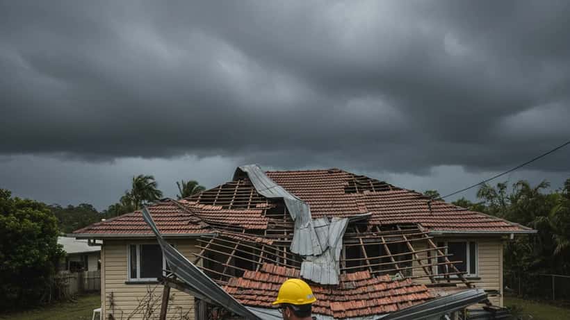 Building inspector examining storm-damaged roof after cyclone in Far North Queensland