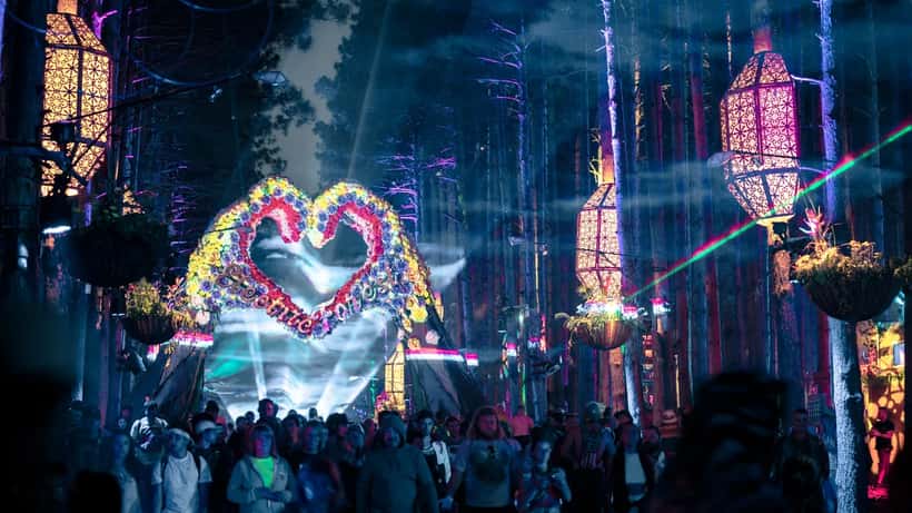 Colorful illuminated art installations at Electric Forest music festival in Rothbury Michigan