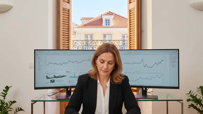 Consultora financeira em Lisboa revendo portfólio de investimentos com gráficos no monitor durante crise geopolítica