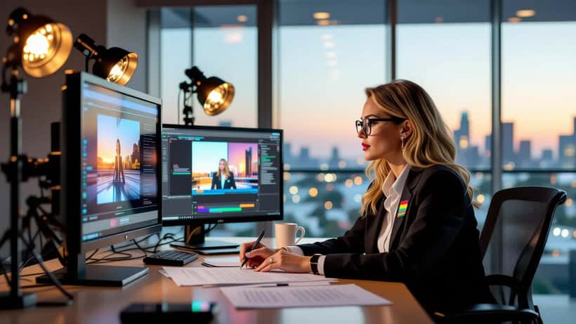 Entertainment lawyer reviewing TV production contract with LGBTQ+ pride pin on lapel, stage lights visible in background