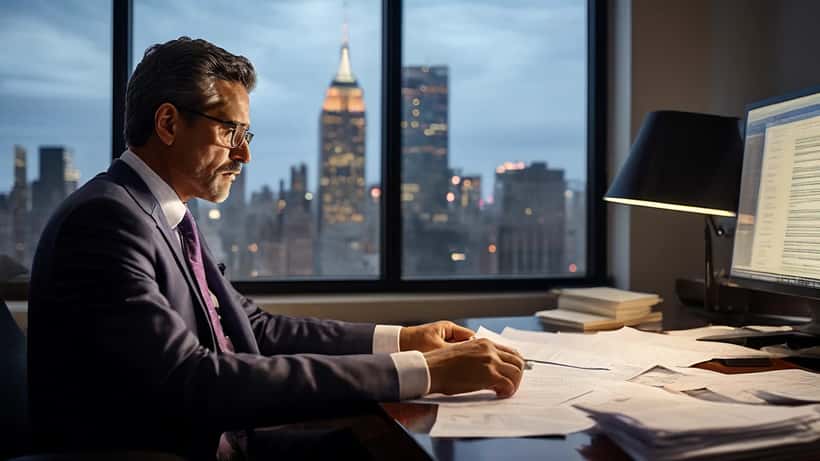 Asesor financiero revisando gráficos de tasas de interés en oficina de Nueva York