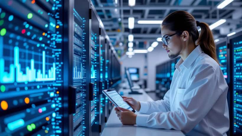 IT-asiantuntija tarkistaa energiankulutustietoja datakeskuksessa palvelinrivien välissä