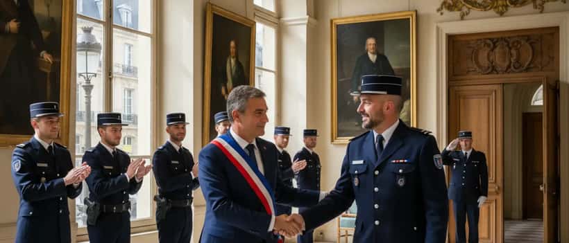 Maire en costume discutant avec des agents de police municipale dans un bâtiment administratif