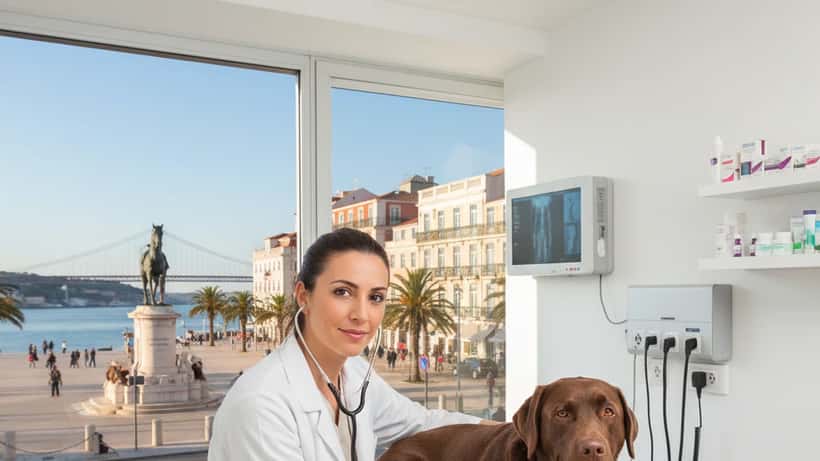 Veterinária portuguesa a examinar um cão numa clínica veterinária em Lisboa