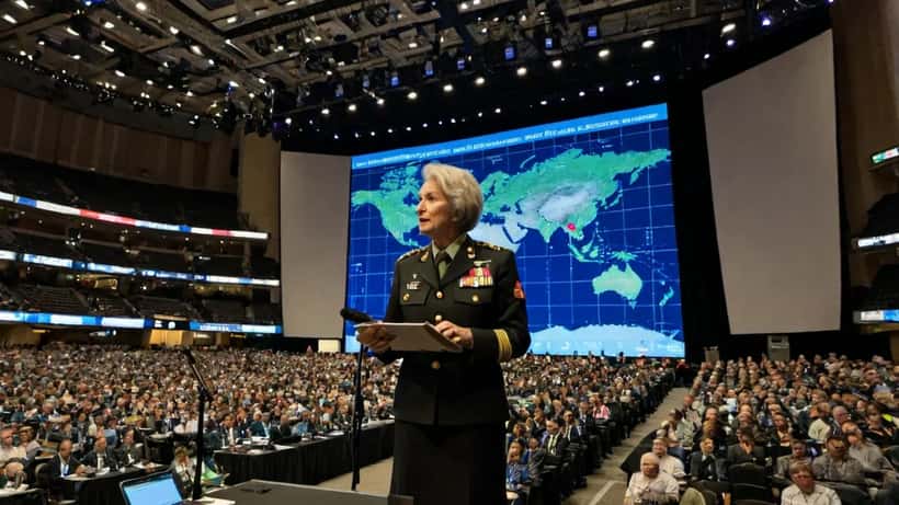 Australian military general speaking at the Space Symposium 2026, with satellite and cyber security imagery projected on screens behind her