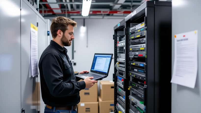 Technicien informatique diagnostiquant un serveur dans une PME suisse