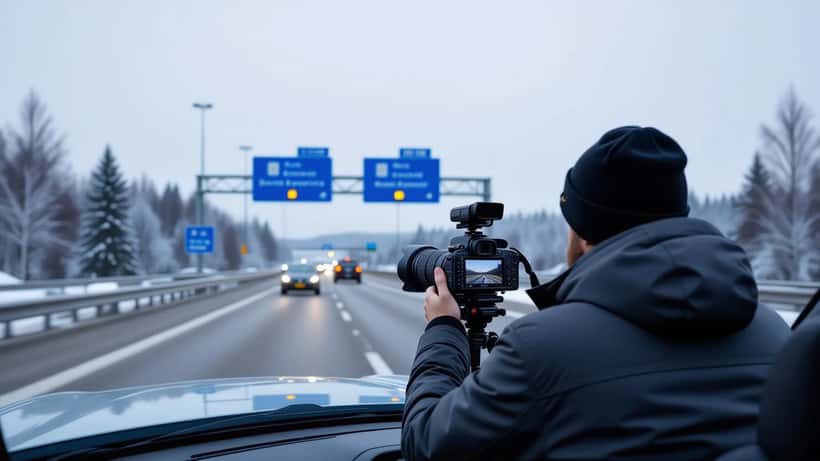 Dashkamera monterad på vindruta i bil på E4 motorvägen i Sverige