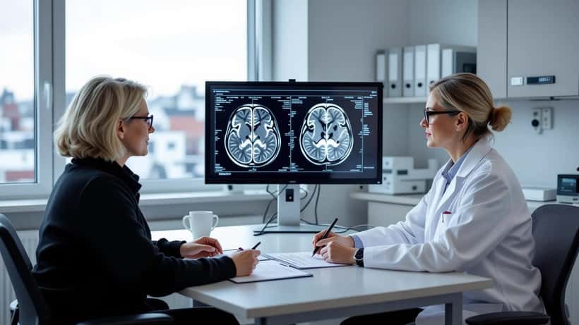 Neurologi ja potilas katsovat aivojen MRI-kuvia konsultaatiohuoneessa Helsingissä