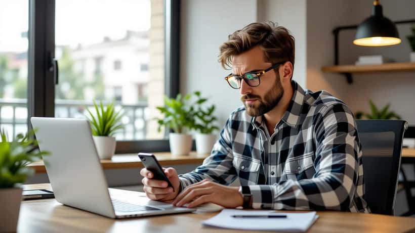 Uomo preoccupato guarda smartphone con blocco VoP su app bancaria