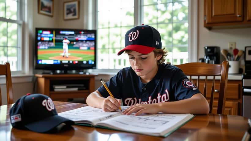 Enfant canadien-français étudiant les statistiques de baseball MLB dans un cahier, casquette des Nationals sur la table