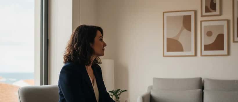 Psicóloga em sala de consulta em Lisboa, luz suave da tarde