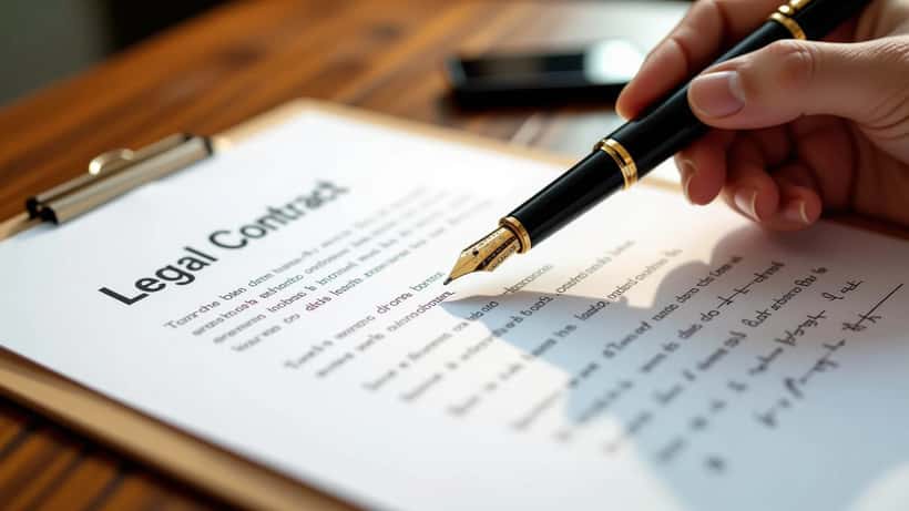 Contrato jurídico assinado com caneta, documentos legais em luz quente