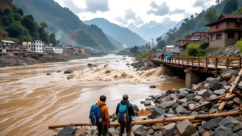 Zerstörte Brücke über den Bhote-Koshi-Fluss nach der Sturzflut in Nepal im August 2026