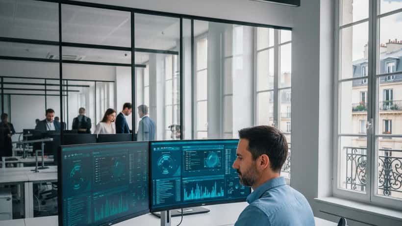 Consultant IT analysant des tableaux de bord IA sur plusieurs écrans dans un bureau parisien moderne