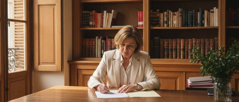 Femme française de 55 ans consultant un notaire à Lyon pour préparer sa succession, avec des documents légaux sur un bureau en bois