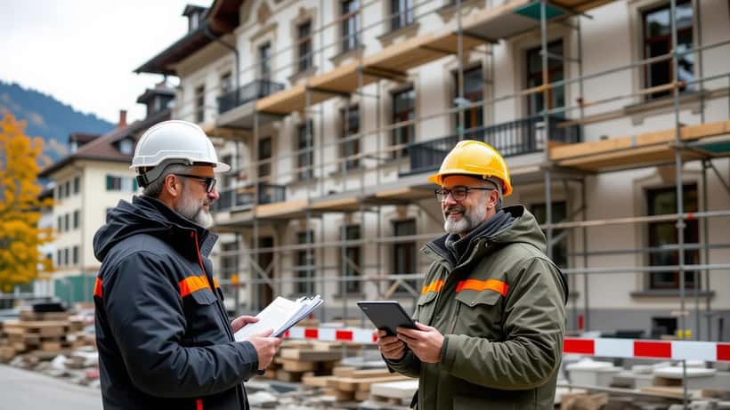 Immeuble historique du Bäderquartier de Baden Argovie en cours de rénovation, façade classée, professionnel consultant des plans 2026