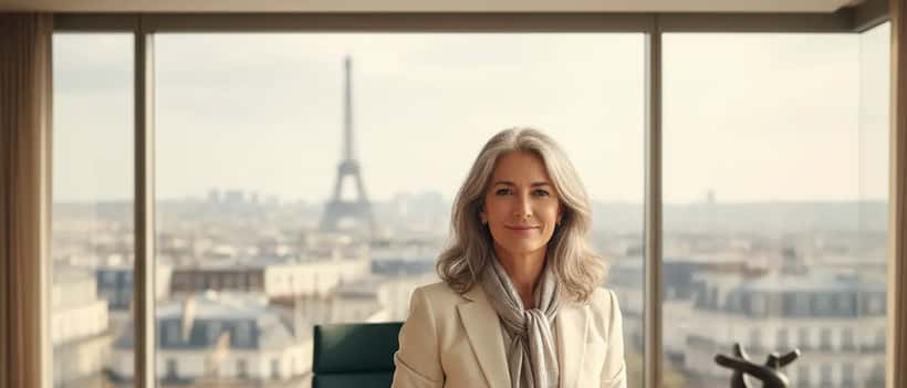Femme française dans la quarantaine avec cheveux naturellement argentés, intérieur lumineux moderne, confiance sereine