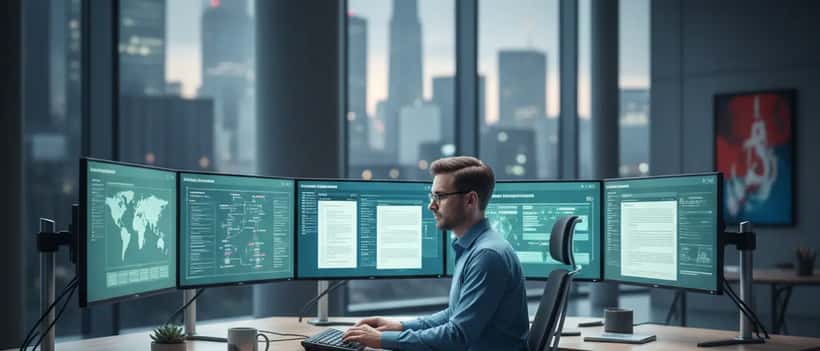 IT-Sicherheitsexperte prüft DSGVO-Compliance auf Datenschutz-Dashboard