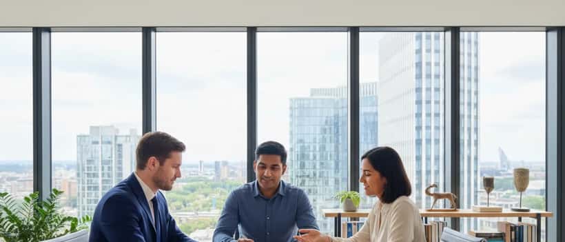Lawyer advising a migrant worker about UK employment rights in a modern office