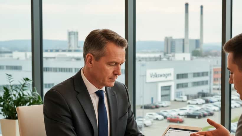 Deutscher Anleger in einem Frankfurter Büro überprüft VW-Aktien auf einem Tablet