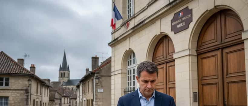 Citoyen français consultant les résultats des élections municipales sur son téléphone devant une mairie