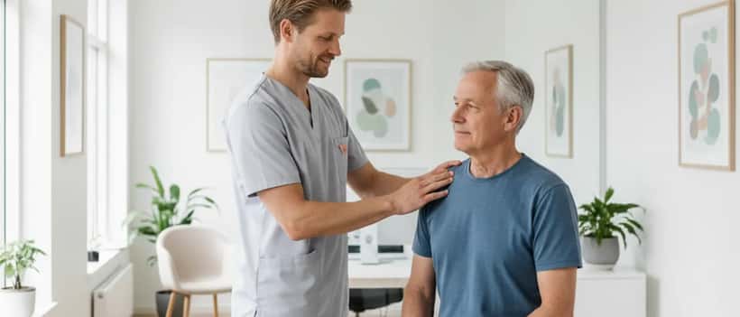 Svensk läkare undersöker axeln hos en manlig patient i ett modernt medicinskt kontor