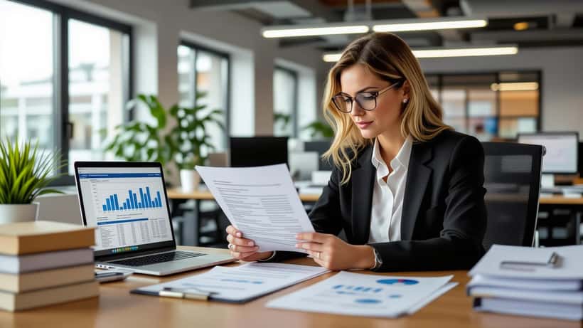 HR manager reviewing health plan rate sheets and benefits binders at an office desk
