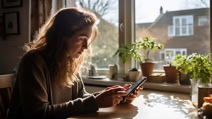 Vrouw bekijkt bedreigende berichten op smartphone en legt bewijsmateriaal klaar voor aangifte