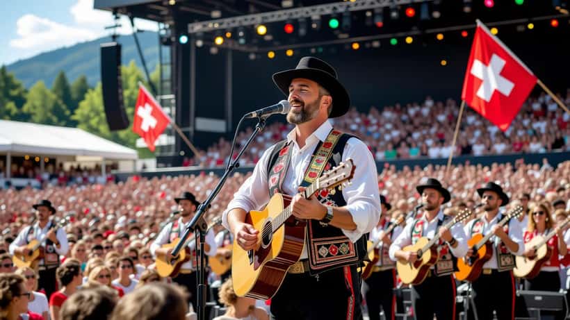 Gölä et le Jodlerklub Wiesenberg interprètent le Cantique suisse lors de l'ESAF 2025 à Mollis