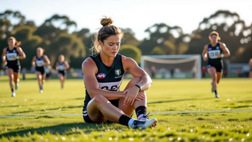 Australian woman clutching knee injury during weekend touch football in suburban park
