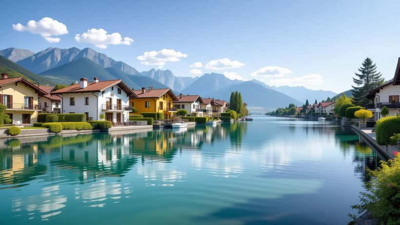 Vue aérienne du Lac de Constance en crue avec maisons riveraines inondées sous un ciel orageux