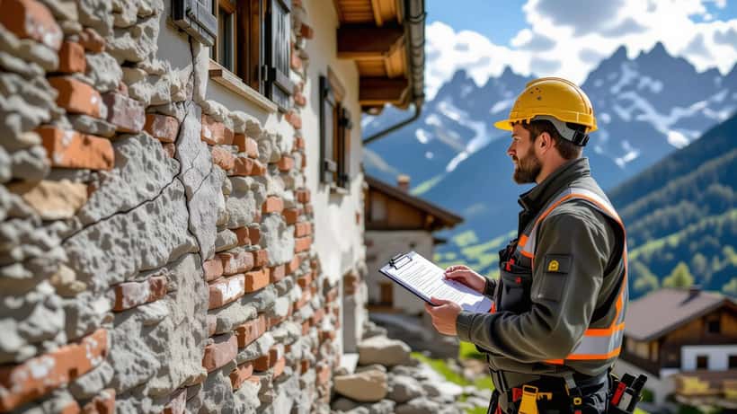 Bausachverständiger prüft Risse an Hausmauer nach Felssturz, Berge im Hintergrund