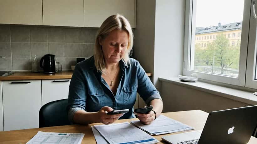 Kvinna i Stockholm granskar sparräntor på sin telefon: Riksbankens ränta på 1,75% utmanar svenska sparare 2026