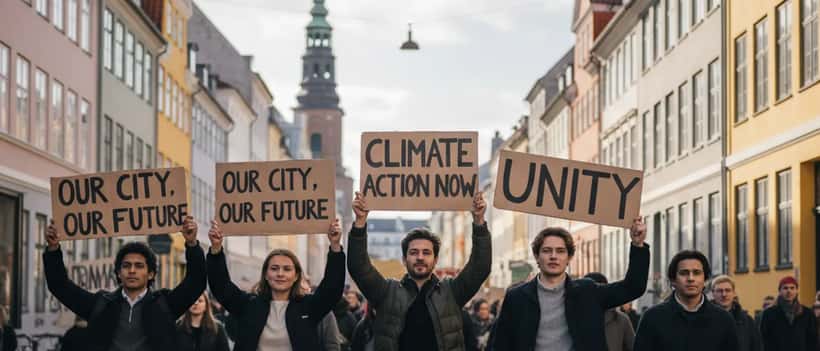 Fredelige demonstranter på gaden i København med skilte, dansk bymiljø, dagslys