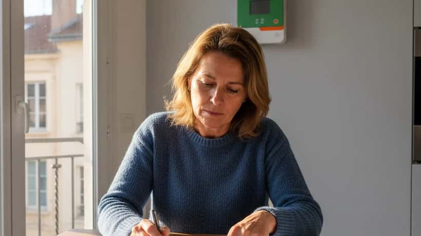 Femme consultant sa facture d'électricité à Lyon avec compteur Linky en arrière-plan