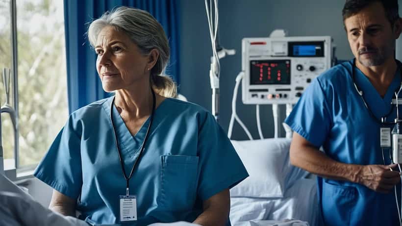 Doctor reviewing patient chart at hospital bedside with monitoring equipment