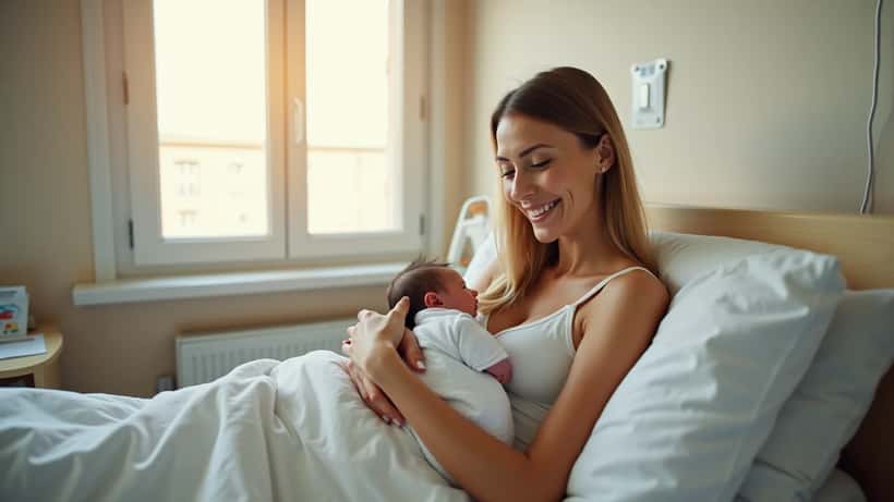 Mulher portuguesa sorridente numa maternidade em Lisboa com recém-nascido ao colo