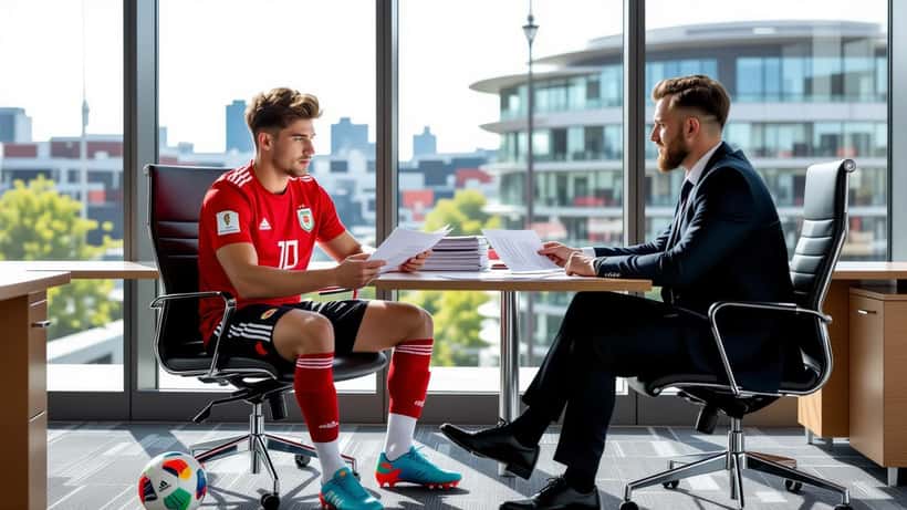 Young footballer reviewing transfer contract documents with a sports solicitor in a London law office