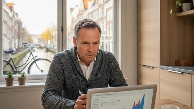 Nederlandse man kijkt bezorgd naar financiële grafieken op laptop in Rotterdam