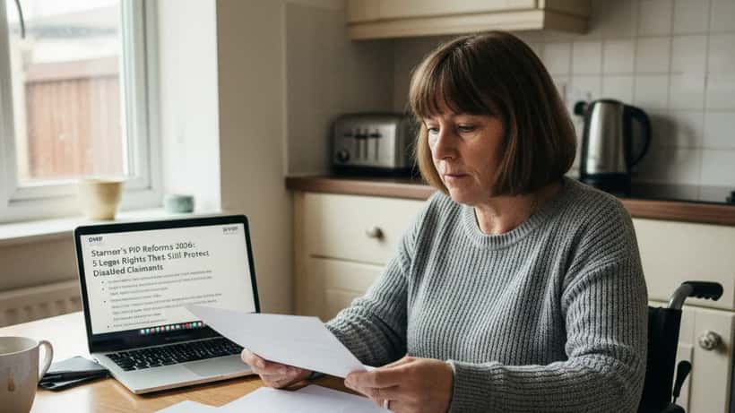 Disabled woman reviewing DWP benefit paperwork at home kitchen table