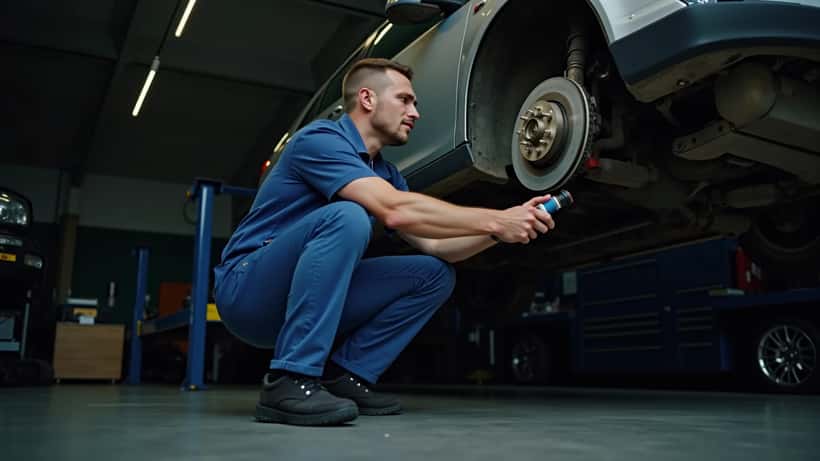 Mechanic inspecting brake components on a lifted car in a Melbourne auto workshop