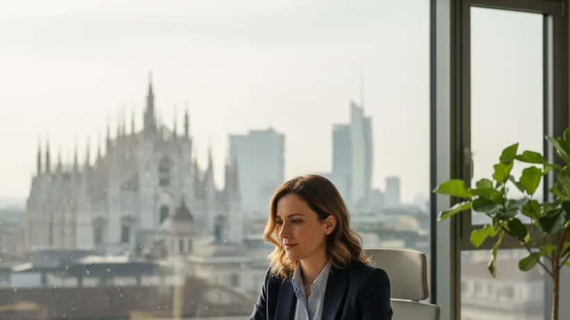 Donna italiana che lavora in smart working da casa con documenti legali sullo schermo