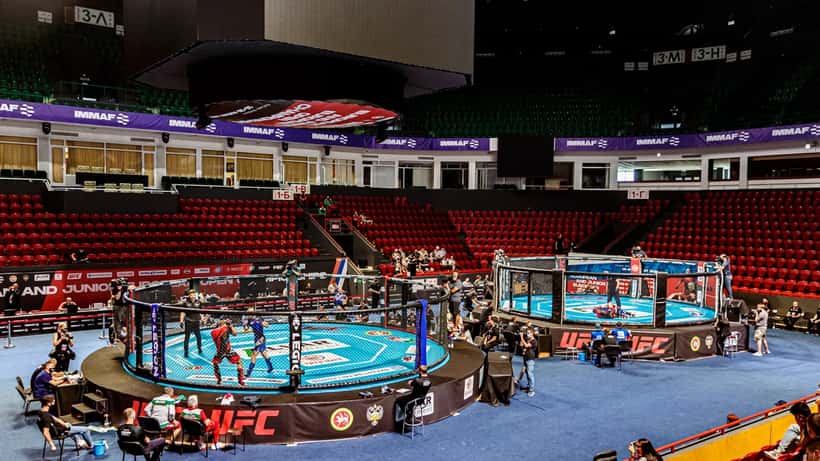 Combate de MMA no UFC Championship 2021, dois lutadores em confronto no octógono