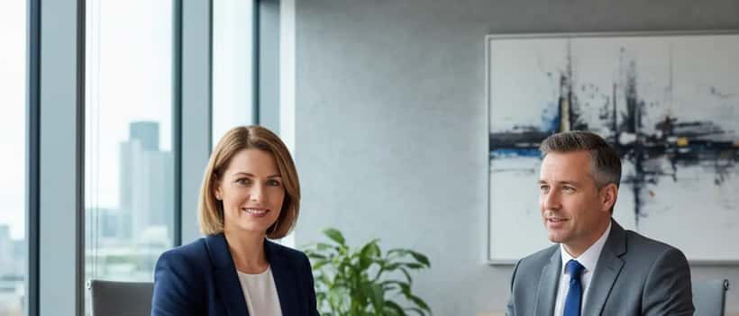 Woman in confident consultation with a solicitor in a modern UK law office, documents on the desk