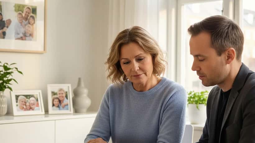 Dansk kvinde gennemgår testamentedokumenter med formuerådgiver i hjemmet i København