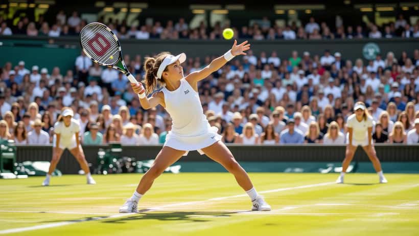 Young tennis player serving on Wimbledon's grass court in 2026