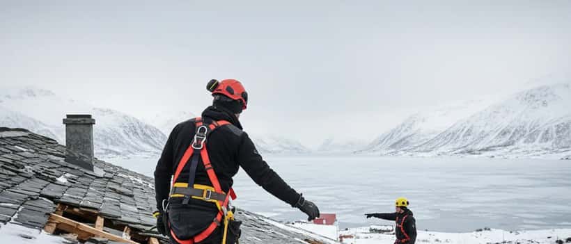 Norsk håndverker inspiserer stormskade på tak i Nordland