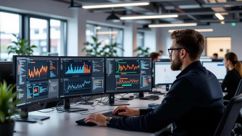 IT-konsult analyserar AI-cyberhot på datorskärm med säkerhetsvarningar 2026