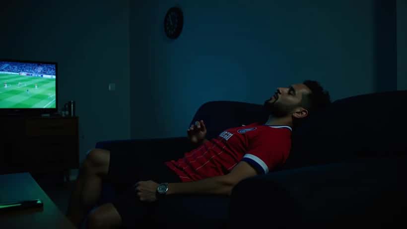 Adepto brasileiro em apartamento em Lisboa a ver futebol de madrugada iluminado pelo ecrã da televisão